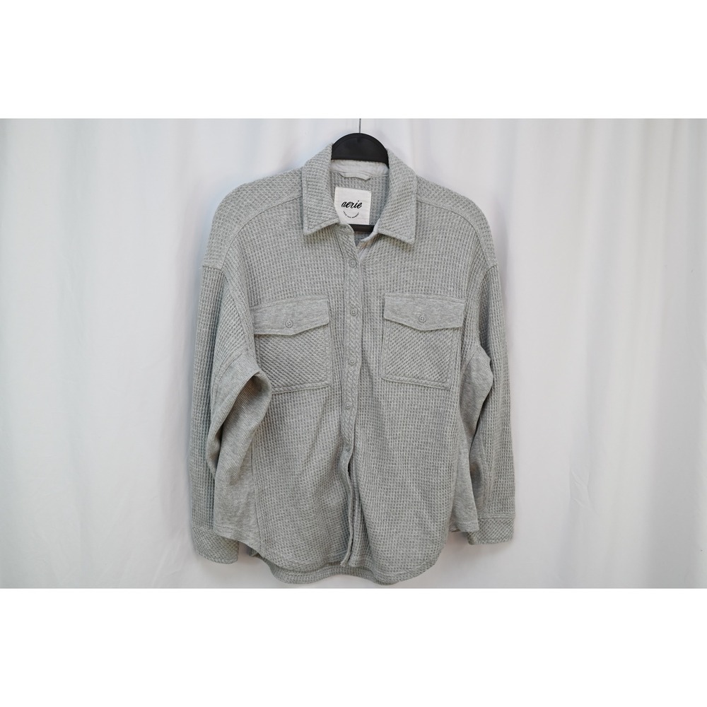 Aerie Gray Waffle Knit Button Down Long Sleeve Shirt XXS Oversized Shacket